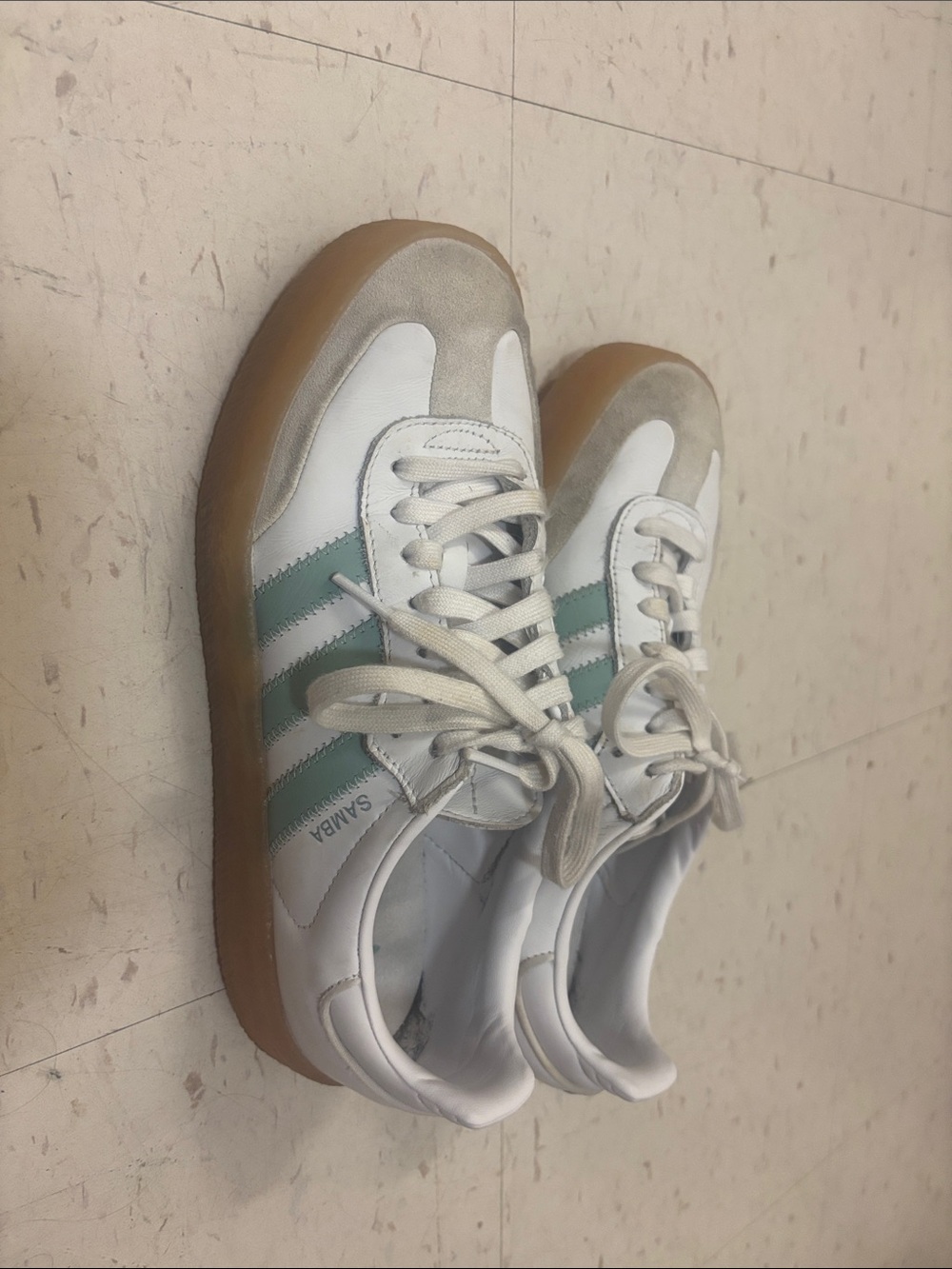 adidas White Sambas with Mint Green Stripes and Gum Sole